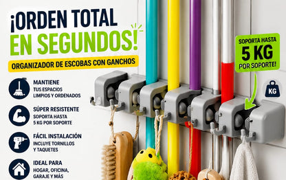 ORGANIZADOR DE ESCOBAS CON GANCHOS ASEO