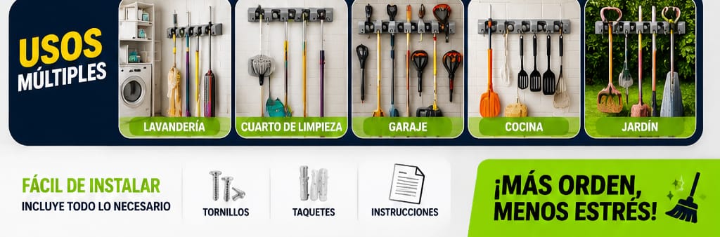 ORGANIZADOR DE ESCOBAS CON GANCHOS ASEO