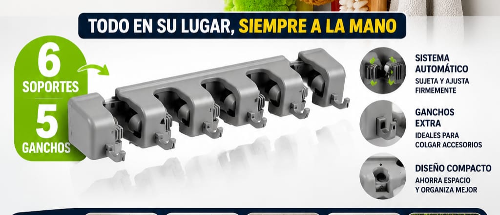 ORGANIZADOR DE ESCOBAS CON GANCHOS ASEO